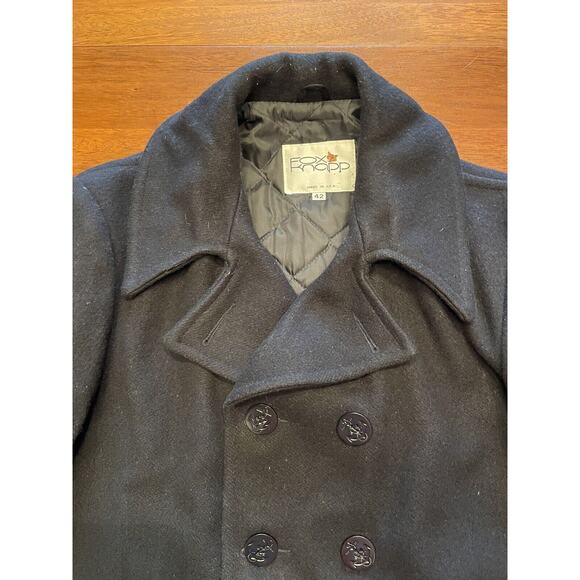 VINTAGE Fox Knapp Pea Coat Mens 42 Black Double Breasted Quilt Lined Made in USA - Picture 2 of 13